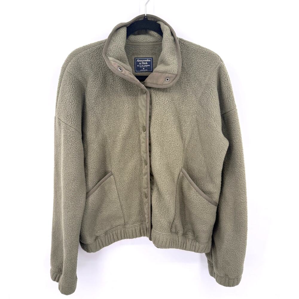 Vintage Abercrombie & Fitch Womens Teddy Fleece Jacket Snap Button Olive Green